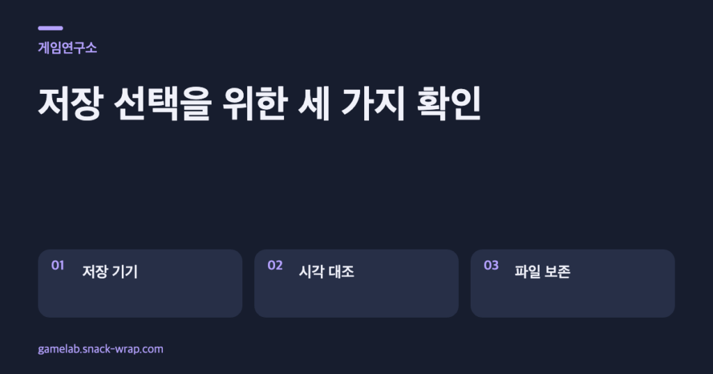 짙은 네이비 배경과 보랏빛 포인트의 텍스트 카드 세 장. 마지막 저장 기기, 저장 시각 대조, 선택 전 파일 보존을 설명하며 실제 Steam 화면을 모방하지 않는다.